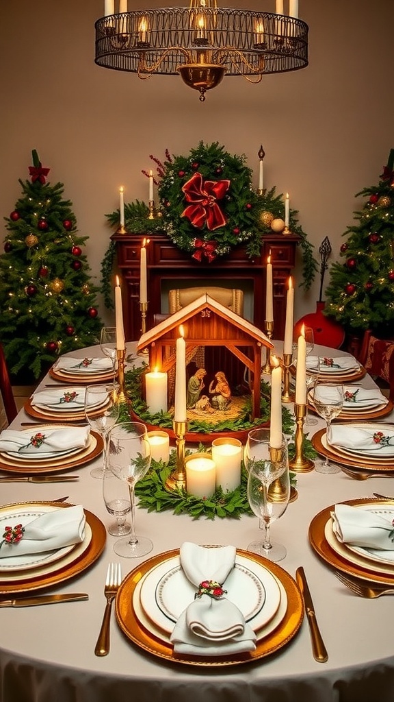 Christmas table setting with nativity scene, candles, and elegant dinnerware.